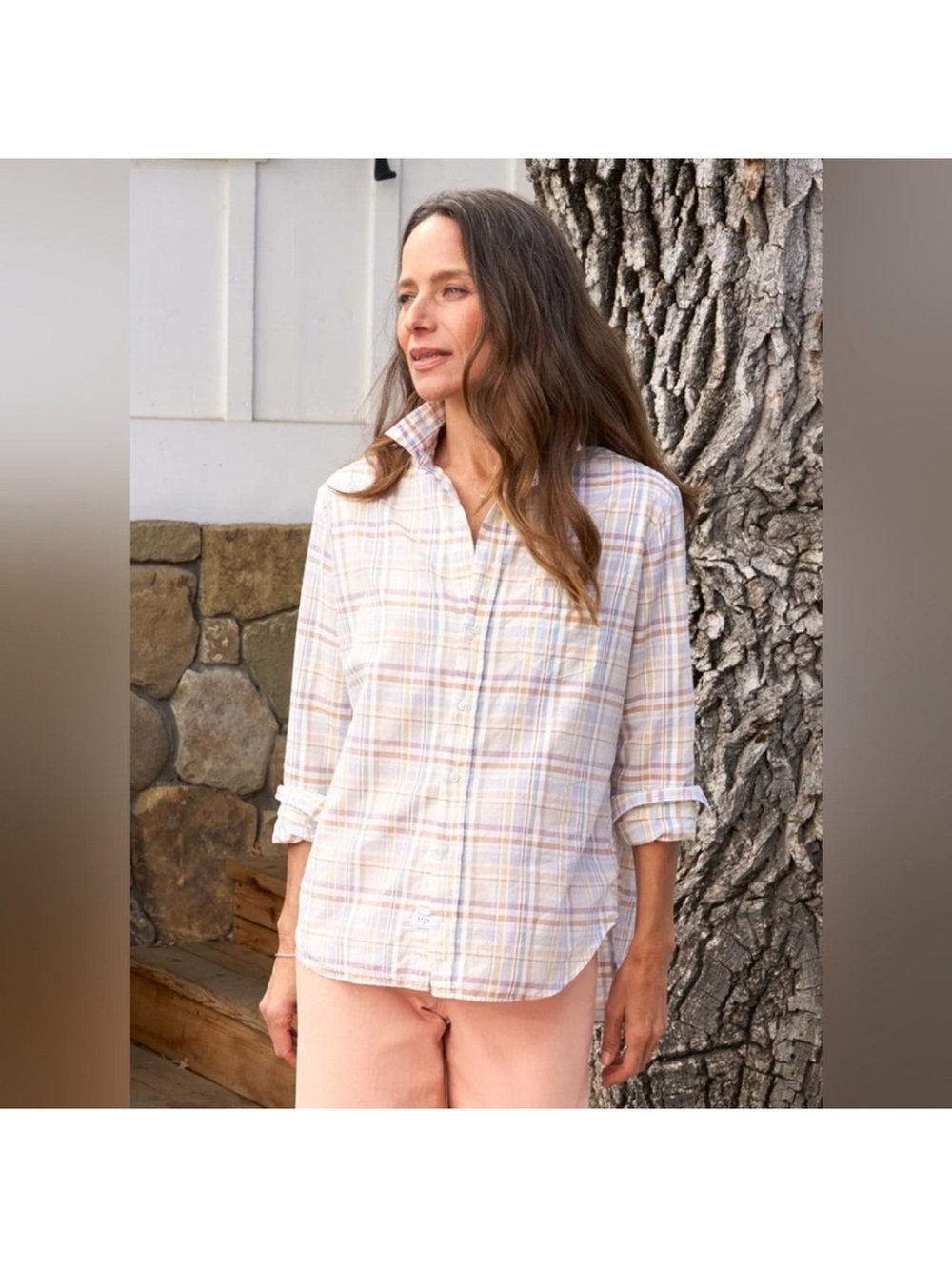 Frank & Eileen Eileen Relaxed Button-Up Shirt in Sand & Purple Plaid Size Medium